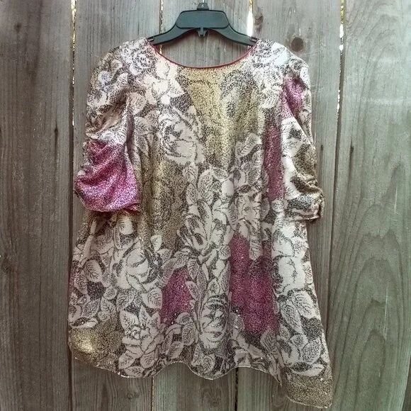 Anthropologie Top Womens Sz 18W Pink Marie Sequin Puff Sleeve Blouse New Floral - Picture 1 of 16